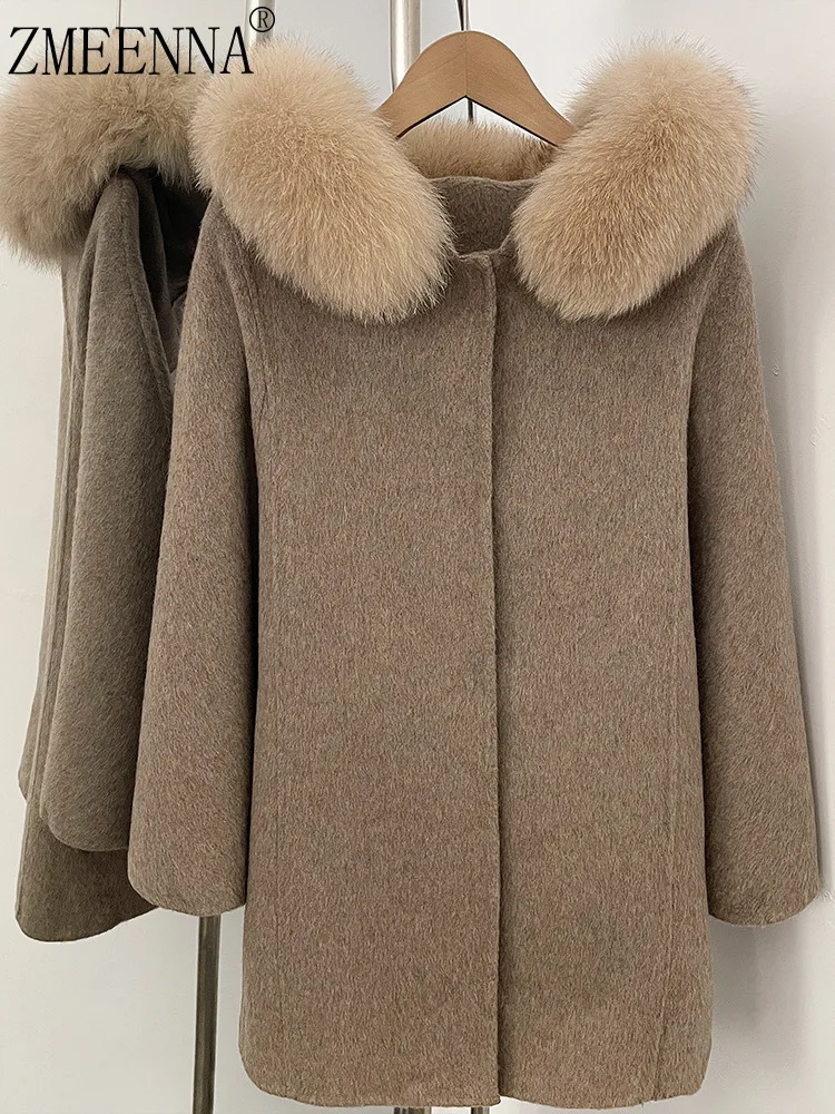 

ZMEENNA Womens Elegant Wool Blend Coat With Luxurious Fur Collar Warm Winter Outwear Short Jacket Loose Fit ZM4561