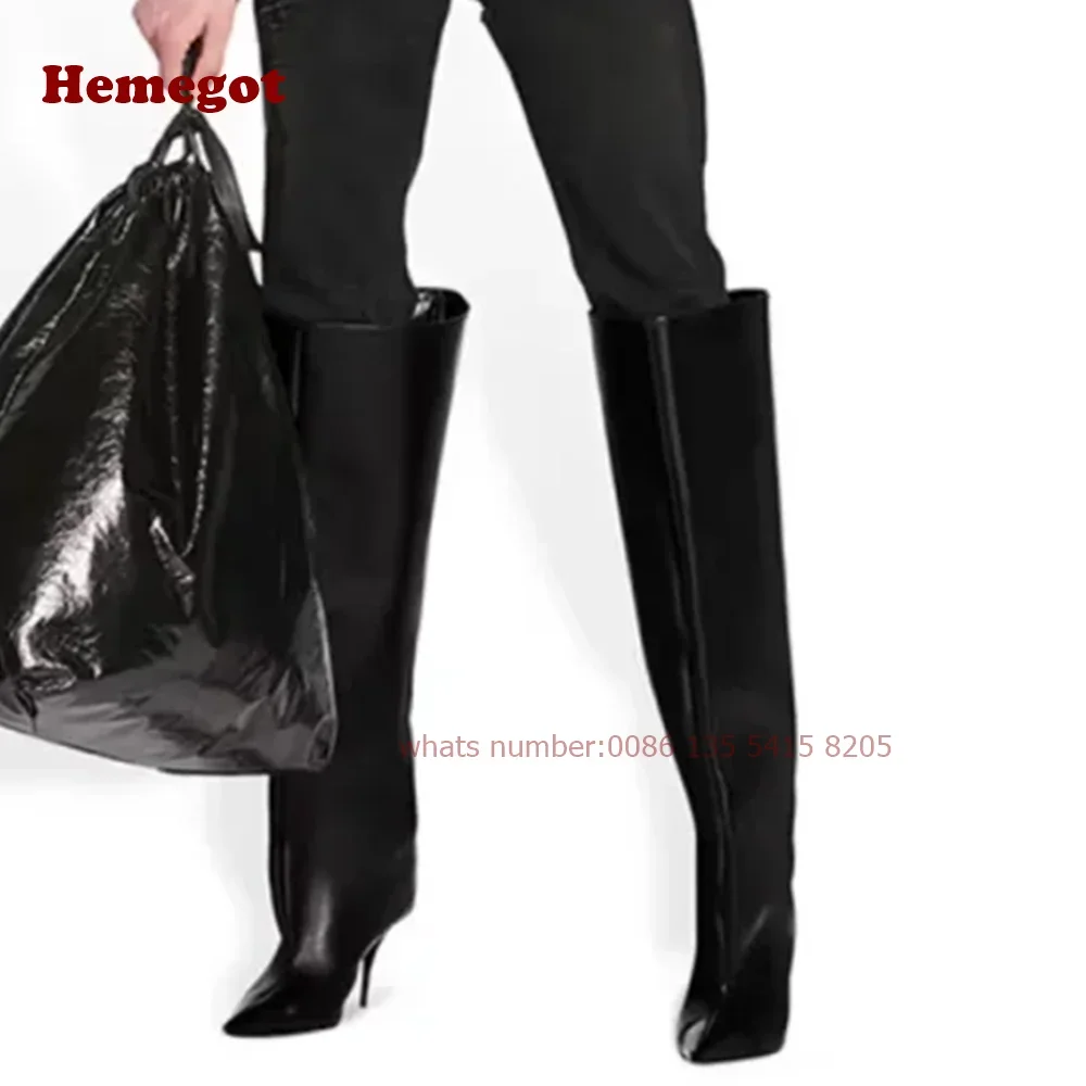 Black Pleated Thigh High Boots Stiletto Heels Over The Knee Women\'s Boots Winter Solid Leather Casual Slip On Luxury Runway Shoe