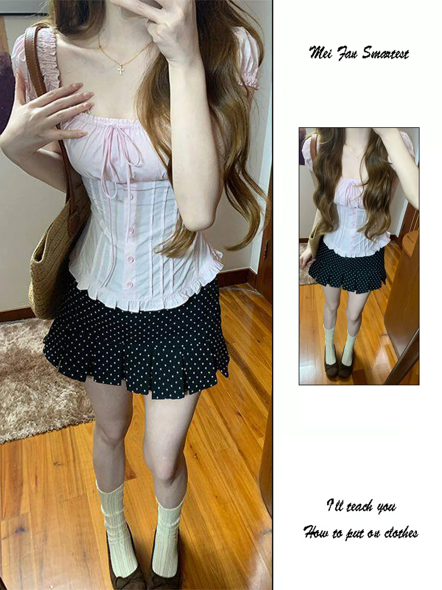 

Cute Sweet Style Bubble Sleeve Pink Shoulder Shirt Women Summer Korean Knot Polka Dot Short Skirt Set Fashionable O...
