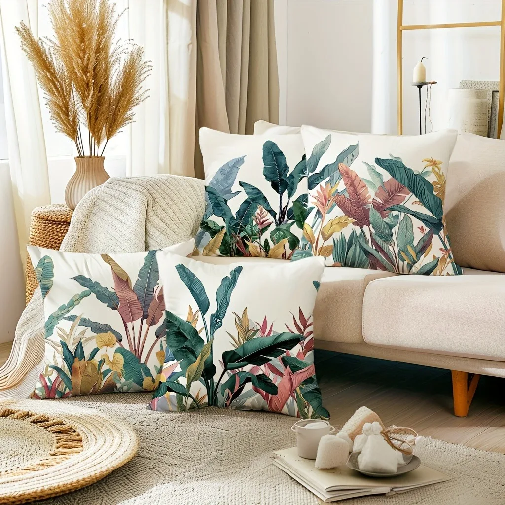 Tropical Plant Pattern Cushion Cover Living Room Sofa Zipper Closure Decorative Pillow Cover Without Pillow Core