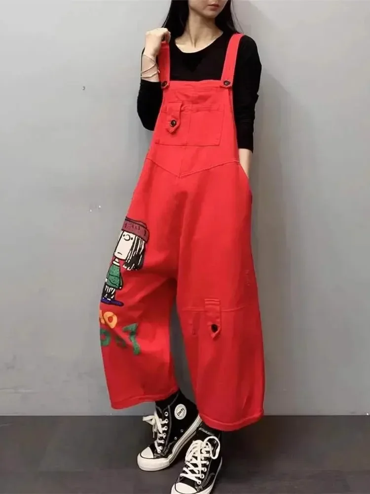 2022 Summer Cartoon Print Denim Overalls Women Clothes Loose Korean Fashion Hole Jumpsuits Female Jeans Rompers Streetwear New