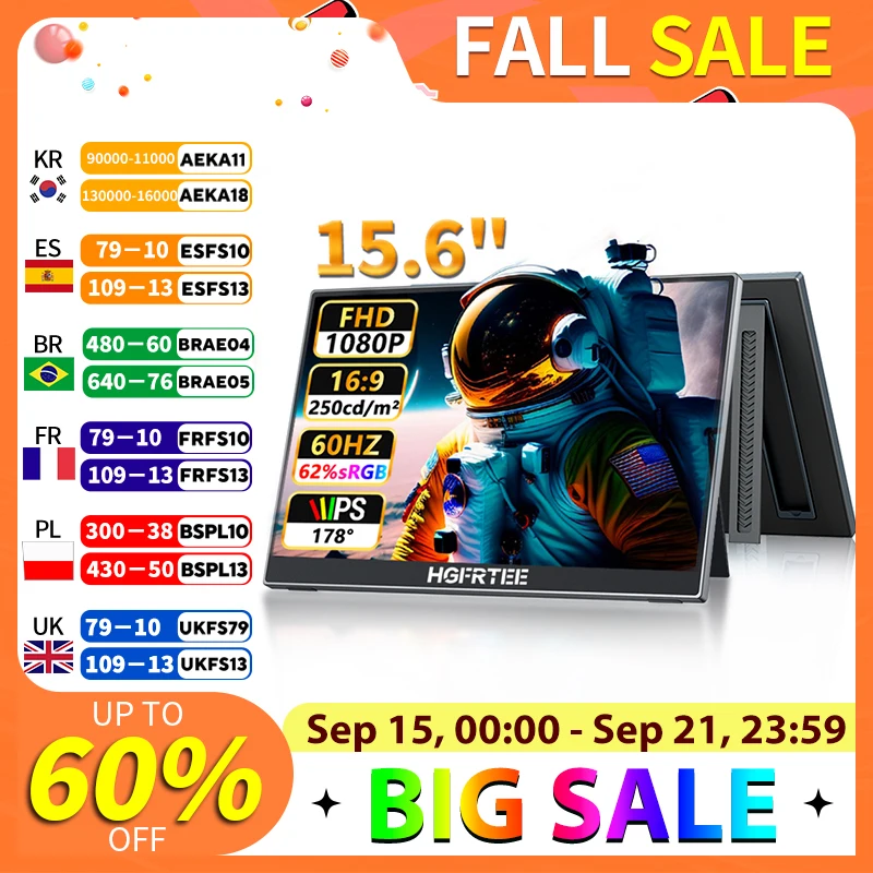 

HGFRTEE 15,6-дюймовый портативный монитор 60 Гц 1080P с HDMI USB-C игровой экран с расширенным дисплеем для ПК, ноутбука Mac Switch Xbox PS4/5