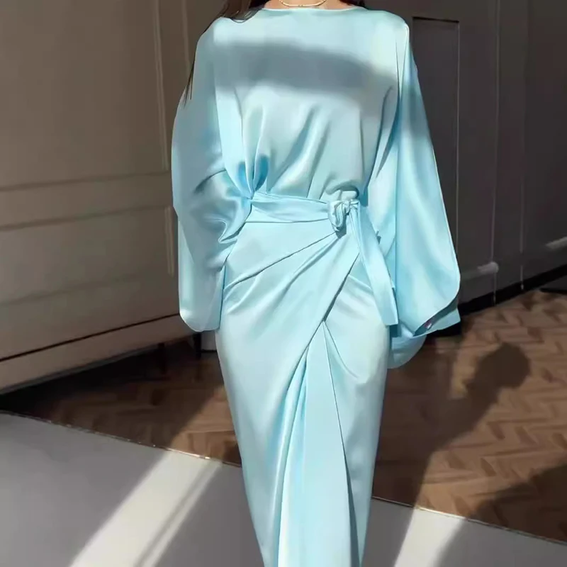 Robe de Soirée en Satin à Manches Chauve-Souris pour Femme, Tenue Élégante, Drapée, Simple, Couleur Unie, Collection Automne