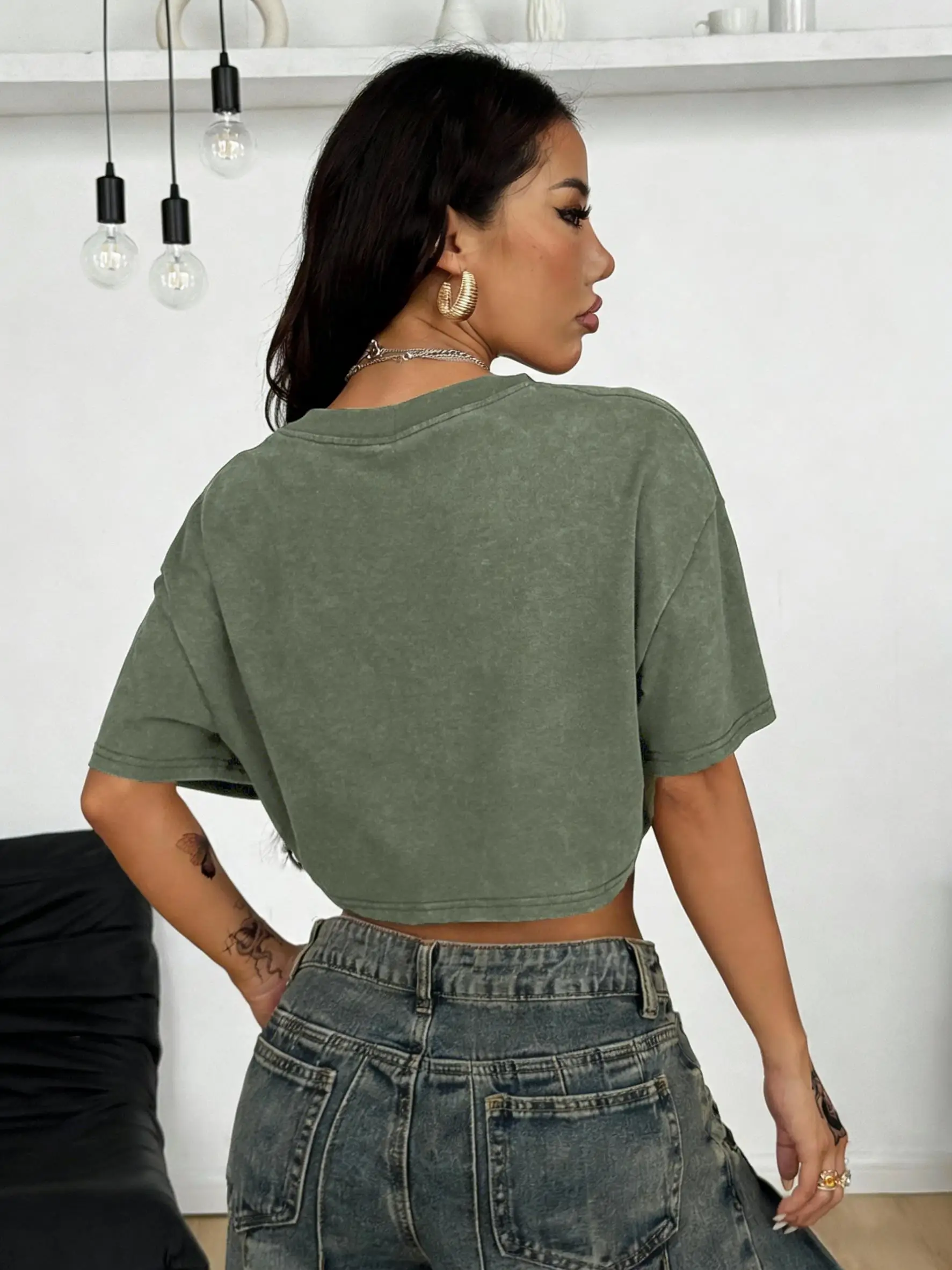 Cotton Breathable Solid Color Beach Women Washed T-Shirt Crop T Shirt Summer Rhinestone Craft Clothes Y2K Slim Short Sleeve image 2