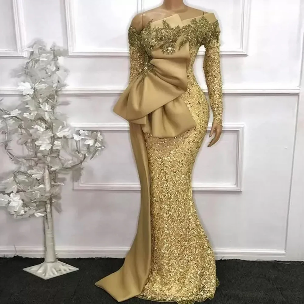 Vestido De Noche De encaje dorado para mujer, manga larga, elegante vestido De graduación De princesa, talla grande, moda De celebridades, 2023