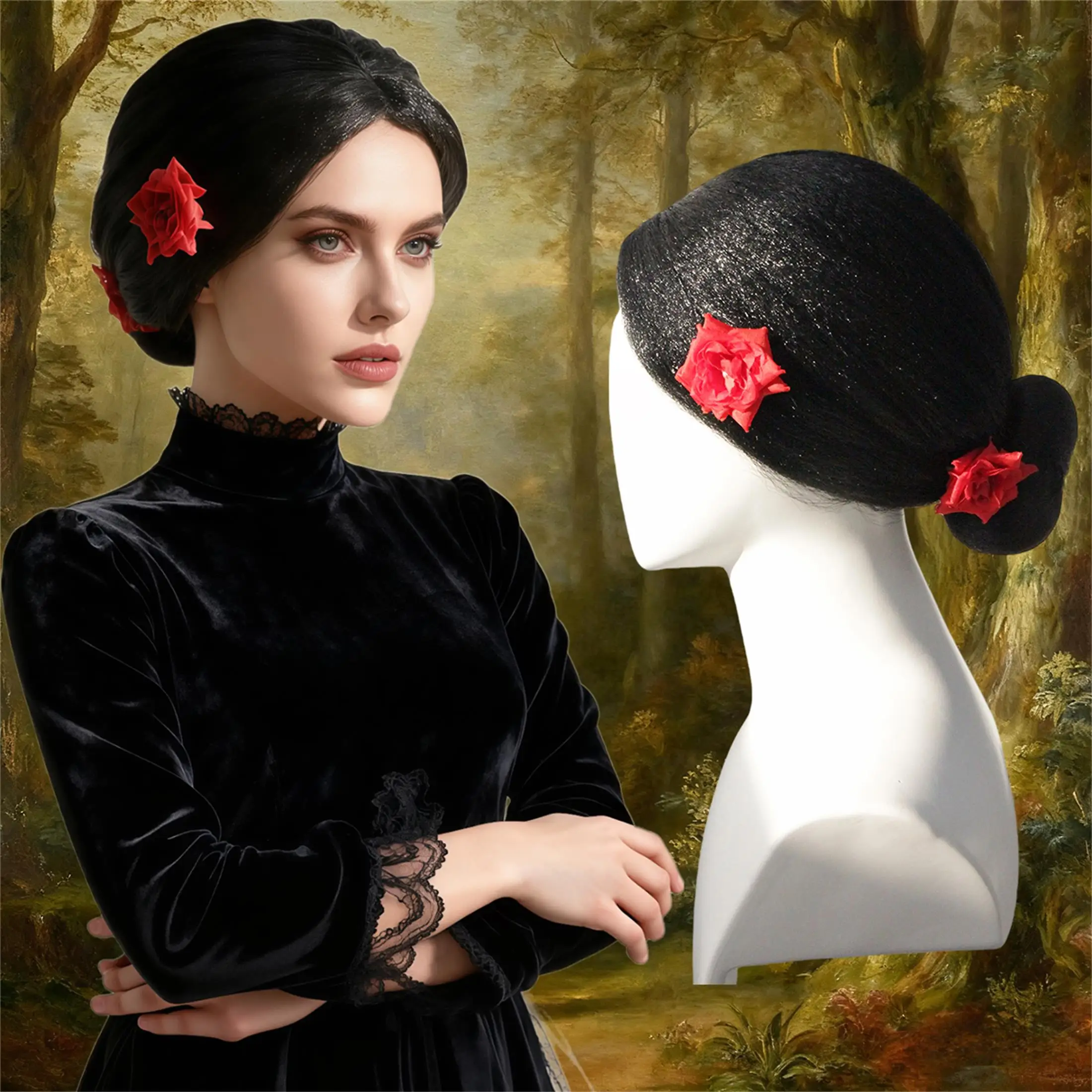 Peluca de moño bajo japonesa tradicional negra con detalles de flores rojas, postizo sintético liso y brillante