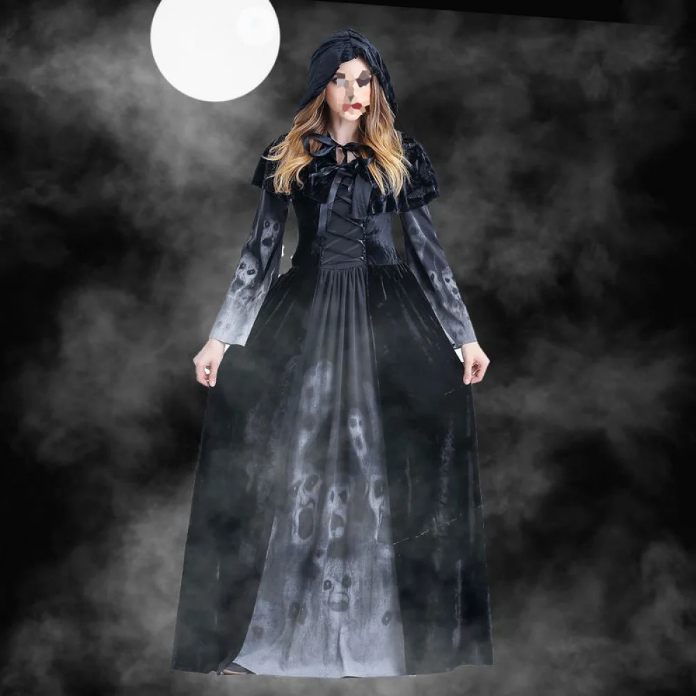 Costume de Sorcière et Vampire pour Femme, Cosplay d'Halloween, Longue Cape de Zombie, Robe Patchwork pour ixd'Halloween