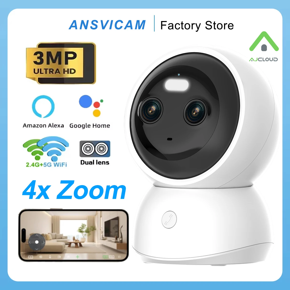 ANSVICAM 2K 5G Wifi Dual Lens Dome Camera Indoor 3MP One-Touch-Call Baby Monitor Two Way Talk Security IP Camera with Alexa