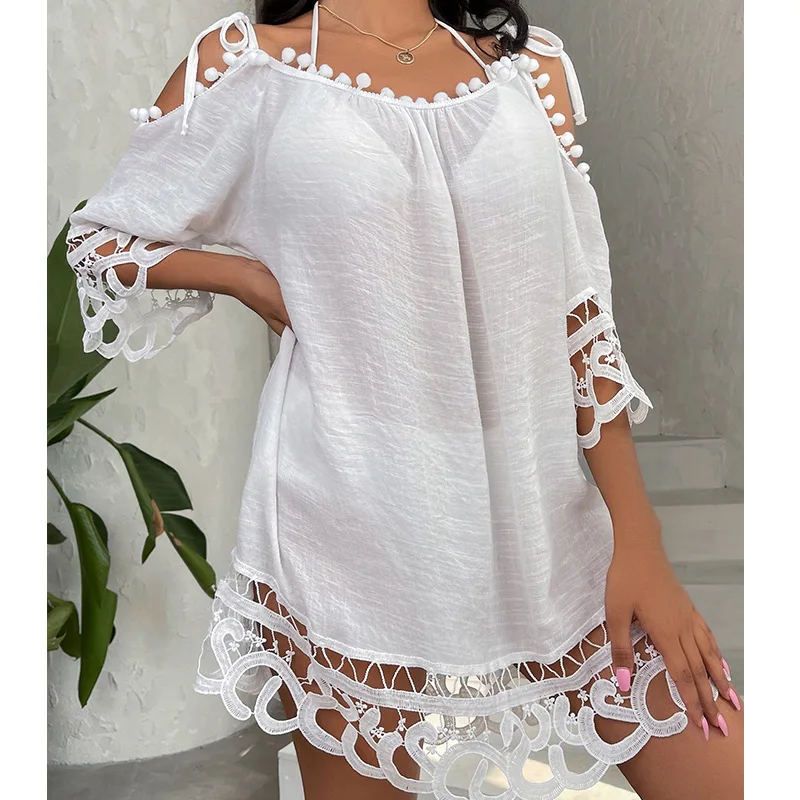 Sexy White Hollow Out Edge Bikini Cover Up Beach Dress Women 2024 Summer Short Backless String Dresses Beach Wear Cover-up