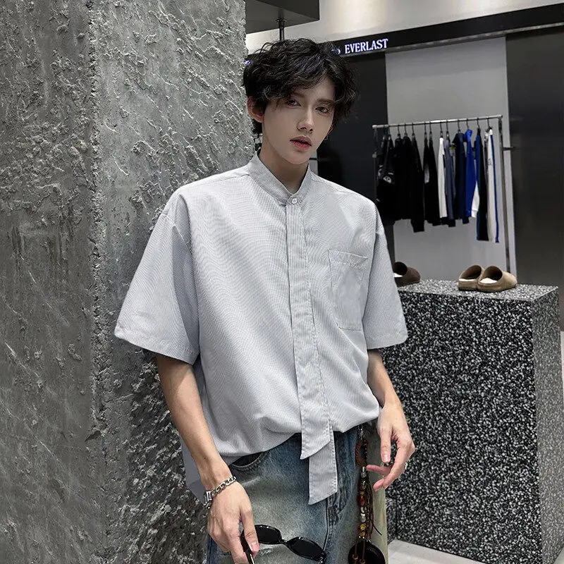 

Summer Casual Striped Men's irt ort Sve Stand Collar Loose Fit Neutral SleDK oming Polyester Polyester Blend