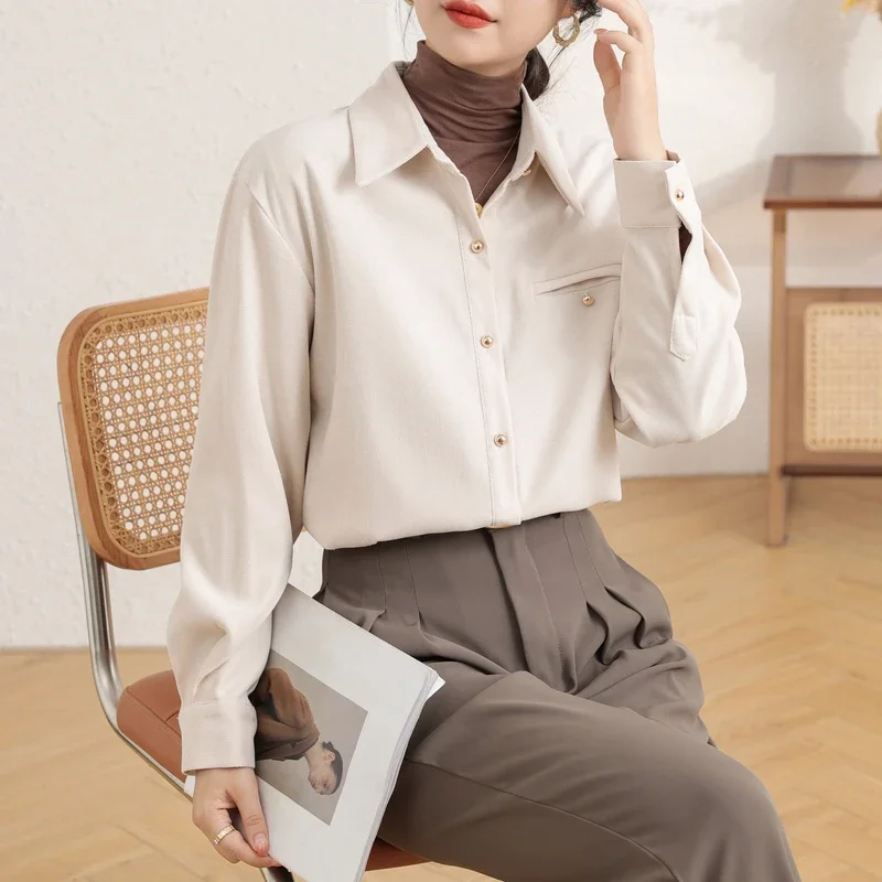 Korean Thick Women Shirt Spring Autumn Solid Turn-down Collar Drop Sleeve Retro Blouse Elegant Office Lady Blouse Femmes 30881