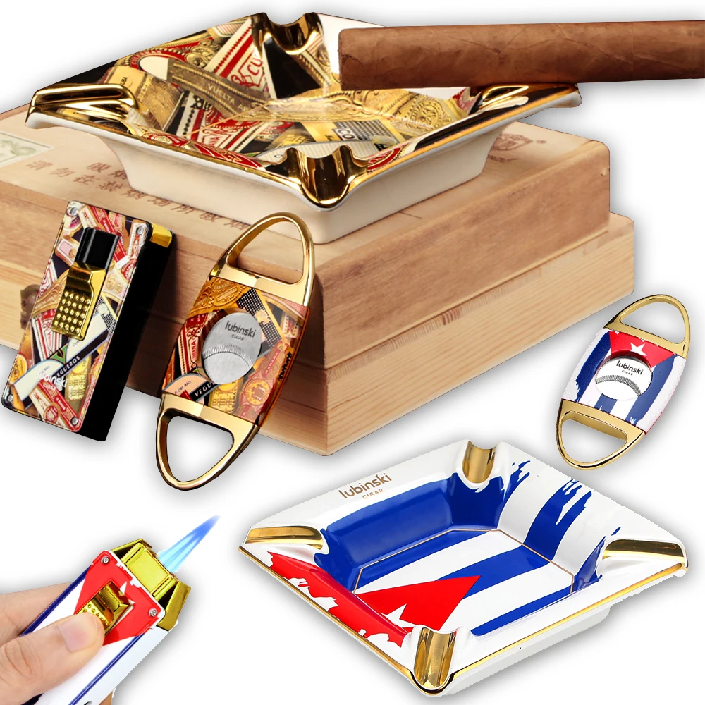 

LUBINSKI Cigar Set 3 Piece Metal Lighter Cigar Cutter Portable Ceramic Ashtray Cigar Accessories From Germany Warehouse