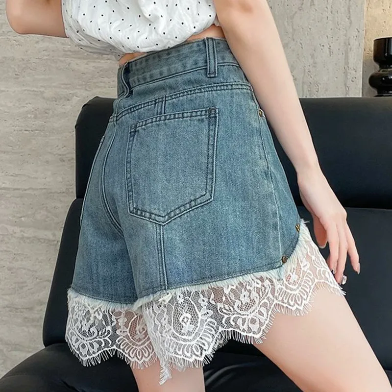 Sweet Y2K Denim Shorts Jeans High Waist Lace Splice Short Jean Female Summer Casual Jorts Hotpants Basics Streetwear Shorts