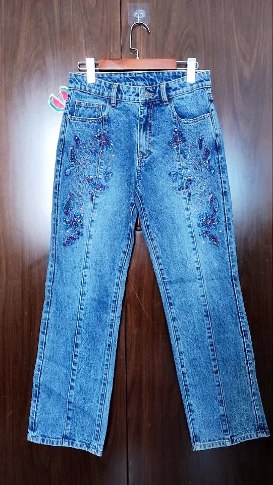 Spanish foreign trade new flower embroidery design fashion slim print jeans for women pants