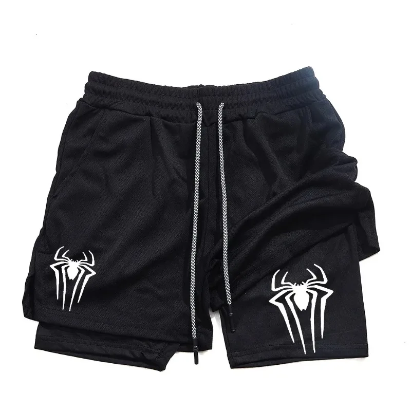 

Men's running and fitness shorts, double layered 2-in-1 square shorts with phone pocket, towel loop, and sports shorts