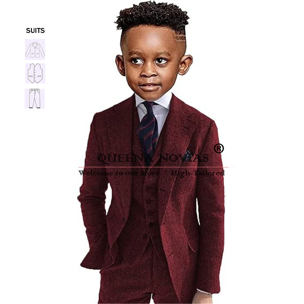 

Kids Formal Suits For Boys Herringbone Tweed 3 Piece Slim Fit Dress Clothes Children Wedding Party Prom Tuxedos Bespoke Blazers