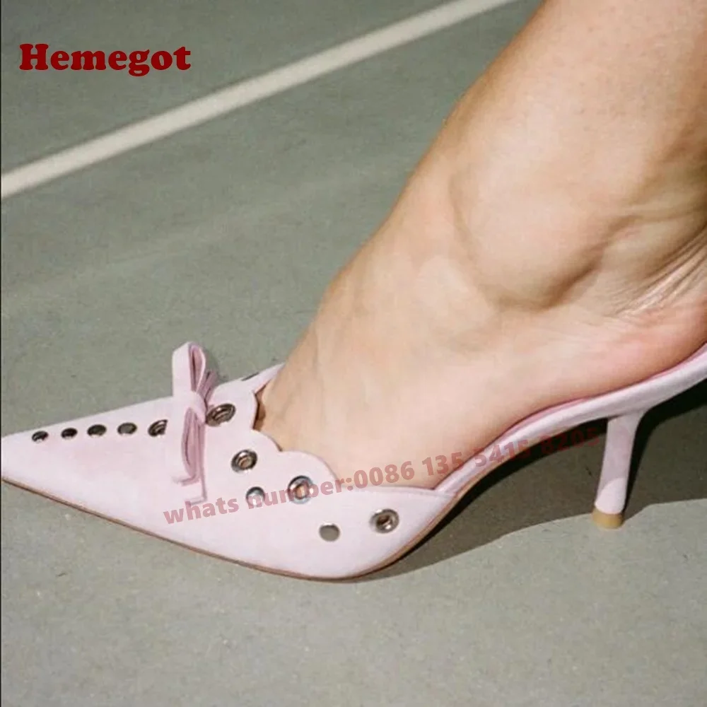 

Pink Suede Rivet Slippers Butterfly Knot Stiletto Heels Women's Mules Solid Slip On Summer 2025 New Design Casual Shoes Sexy