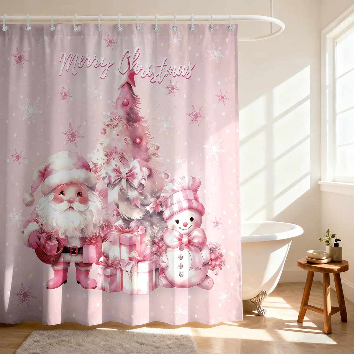 1pc Pink Christmas Print Waterproof Shower Partition Privacy Hanging Curtain Multi Size Decoration Machine Washable