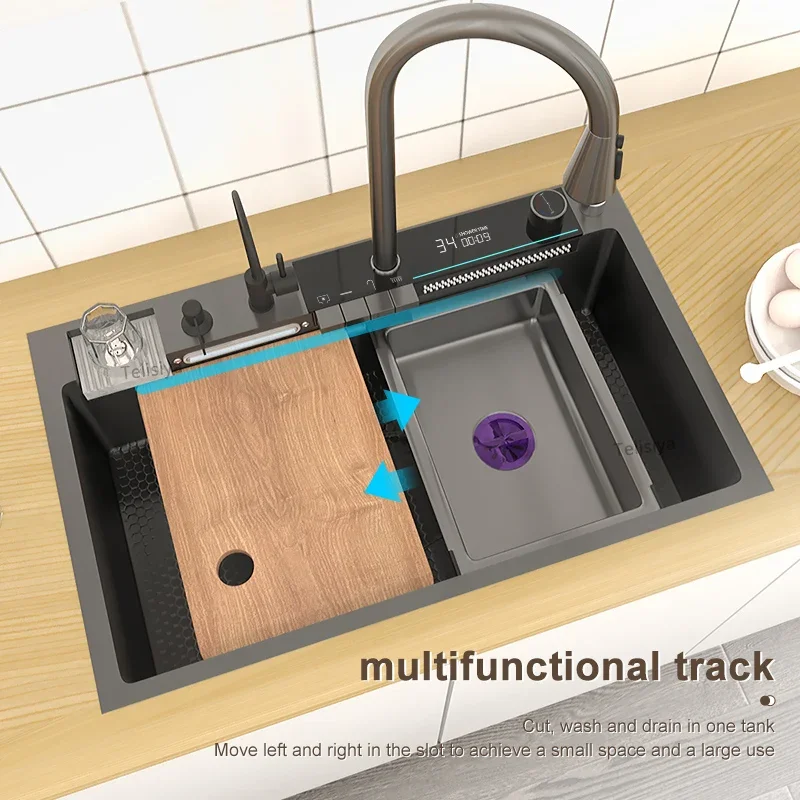 

Stainless Steel Kitchen Sink, Integrated Digital Display, Waterfall Faucet, Embossed Washing Basin