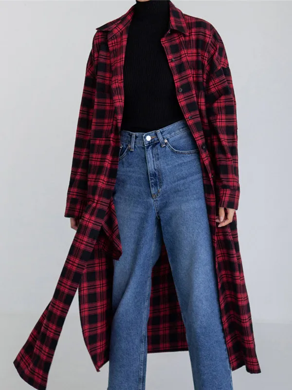 Tannt Vrouwen Lange Geruite Shirt Losse Herfst Winter Lange Mouw Leisure Alle Match Shirt Jurk Blouse Vrouwelijke Top 2025