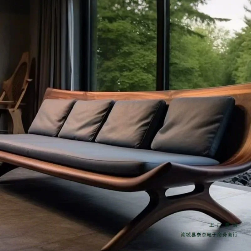 Canapé de style médiéval, salon en noyer clair, luxe, petit appartement, villa, canapé à rangée droite en bois massif