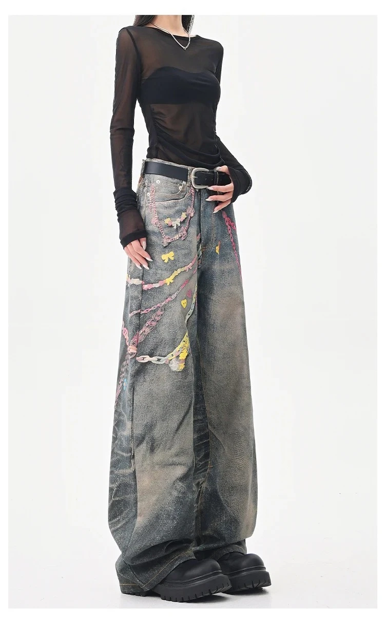 

Spring and Autumn New Women's Pants, American Retro Candy Colored Printed Jeans, Loose Straight Leg Wide Leg Pants