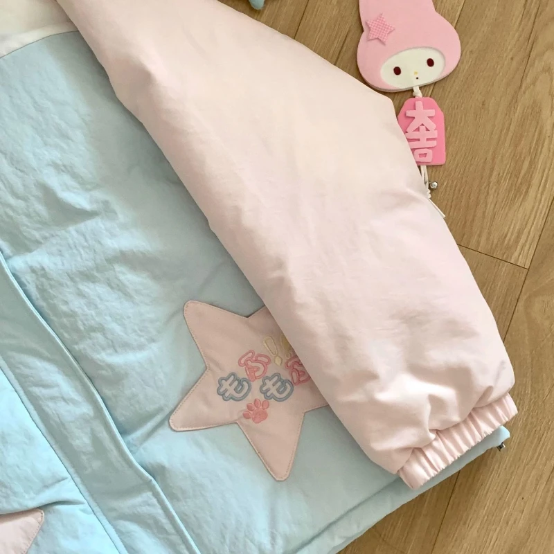 Japanese Winter Star Embroidery Lolita Parkas Women Kawaii Cotton Pattern Ear Hooded Jacket Harajuku Casual Thickened Warm Coat