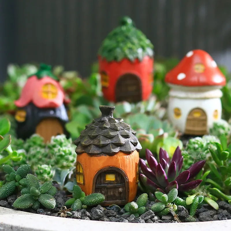 

New Creative Mini Resin Garden Mushroom Figurines Flower Pinecone House Flower Bonsai Decoration Micro Landscape Ornaments