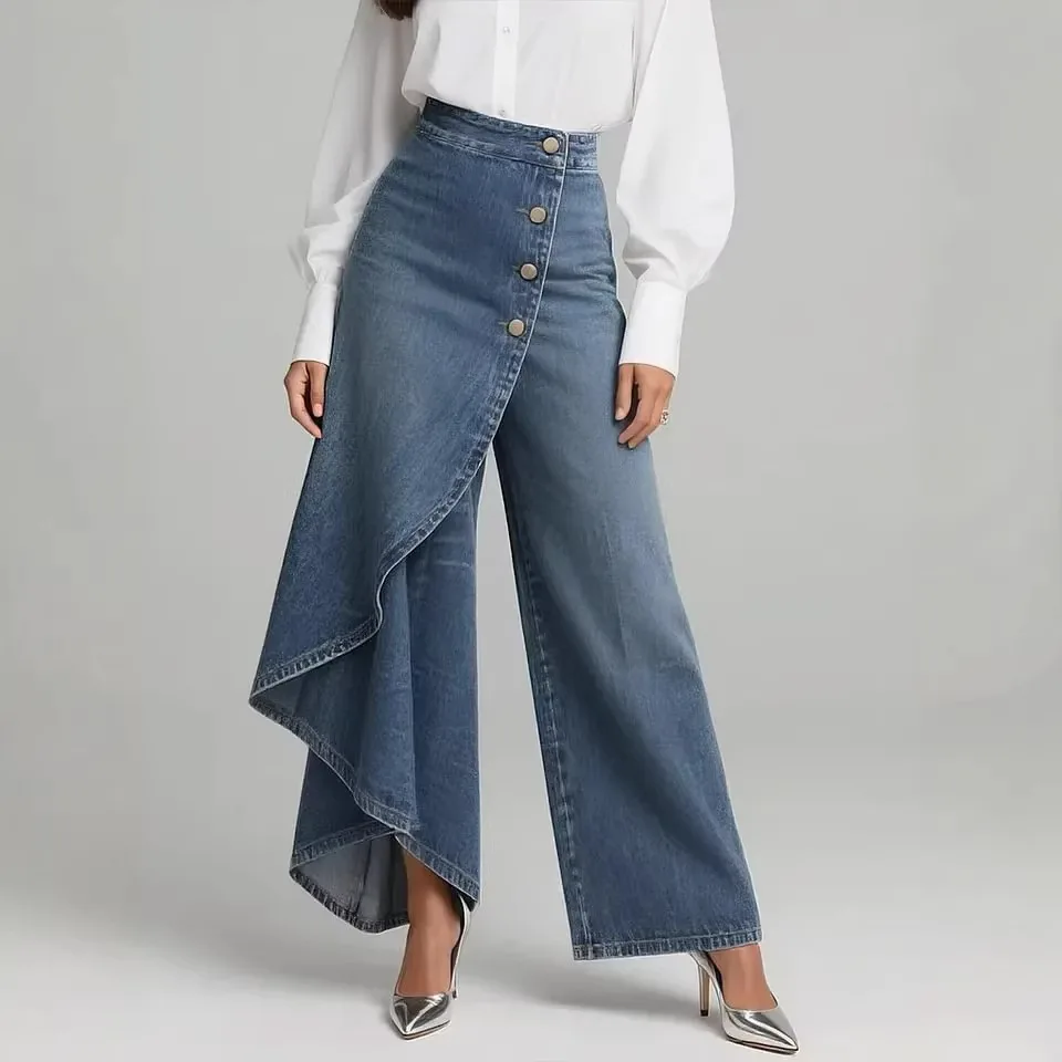 2026 New Women's Casual Wide Leg Pants Spring Fashion Breasted Design Ladies Slim Trousers Vintage Imitation Denim Women Pants