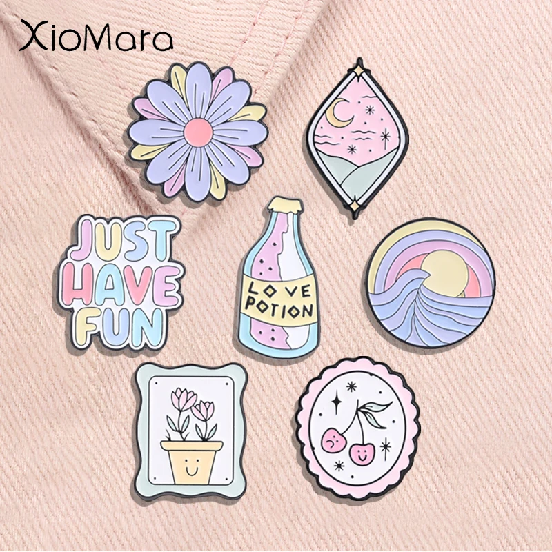 Just Have Fun Enamel Pins Kawaii Pastel Daisy Flower Sunrise Love Potion Funny Quotes Sweet Brooches Lapel Badge Jewelry Gifts