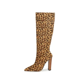 2024 Winter New Fashion Suede Leopard Print Knee Knight Boots for Women Europe and America Sexy High Heels Big Size Shoes 43 45