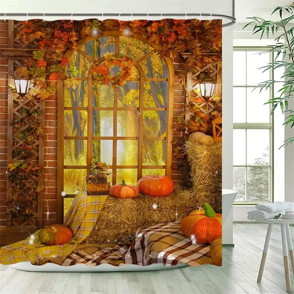 Fall Shower Curtains Brown Window Forest Maple Leaves Farm Pumpkin Sunflower Haystacks Autumn Thanksgiving Bathroom Decor Hooks