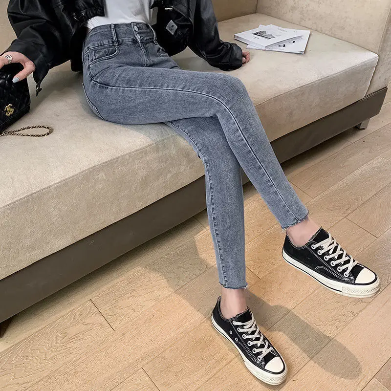 

Korean Double Buttons Ankle-length Pencil Denim Pants Female Classic High Waist Skinny Stretch Womens Jeans Elegant Pants U847