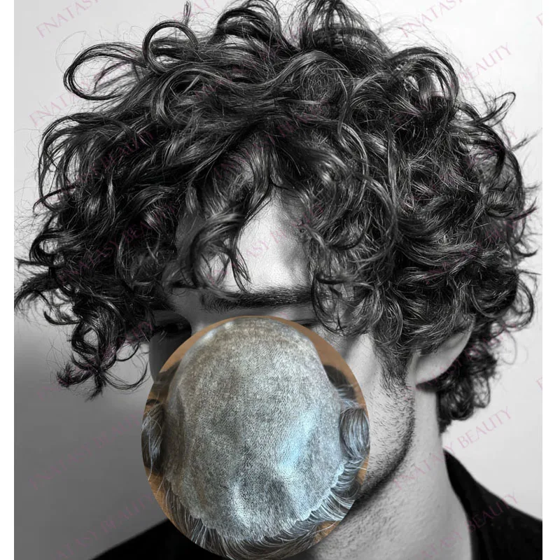 

Undetectable 26mm Curly Grey Jet Black 1B20 1B50 100% Human Hair System Prosthesis Super Durable 0.1mm Full Skin Base Men Toupee