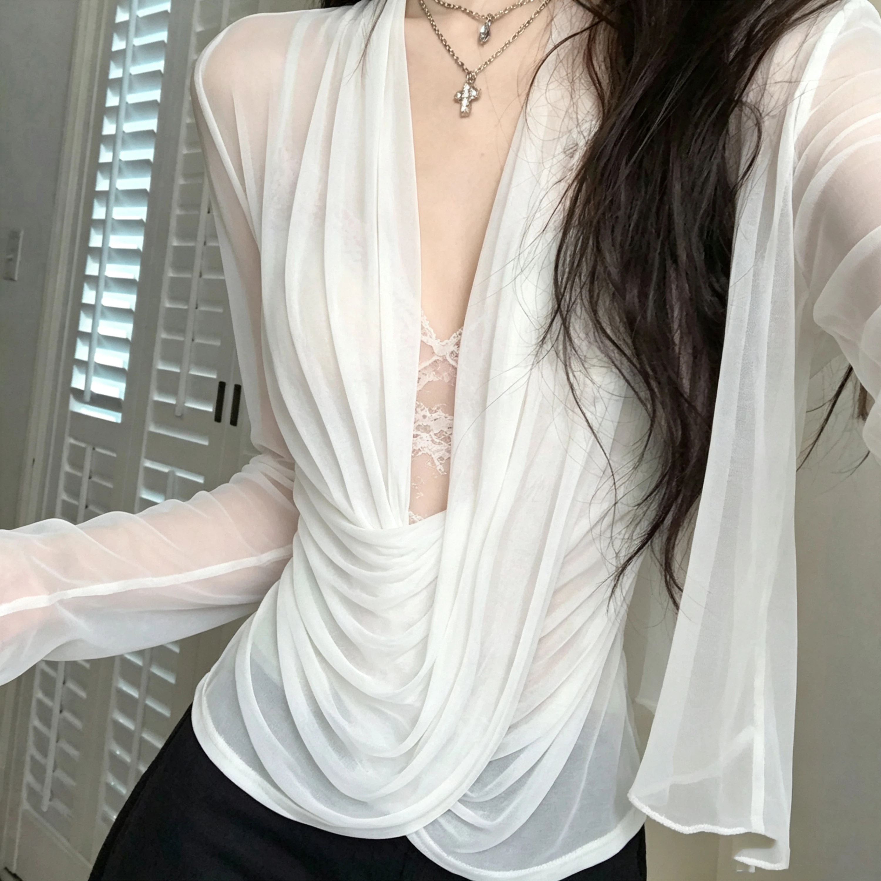 Purely Sensual Hot Girl Style Lace Embroidered Top With A Unique Mature Lady Design Featuring A Flowing Collar And A Base Shirt