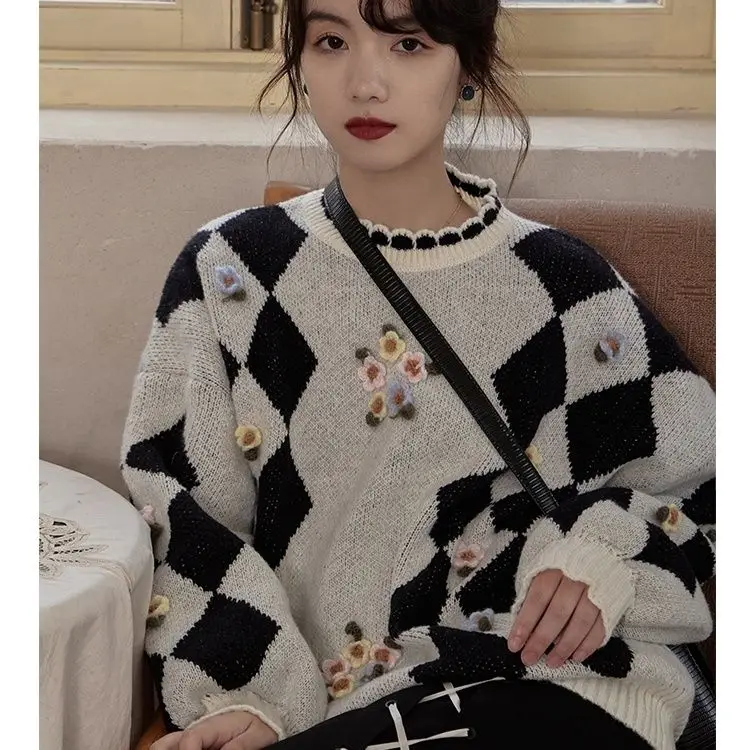 Sweater Black And White Diamond Checkerboard Women'S Autumn And Winter Thick Outer Wear Design Niche Bf Lazy Loose Pullover Top