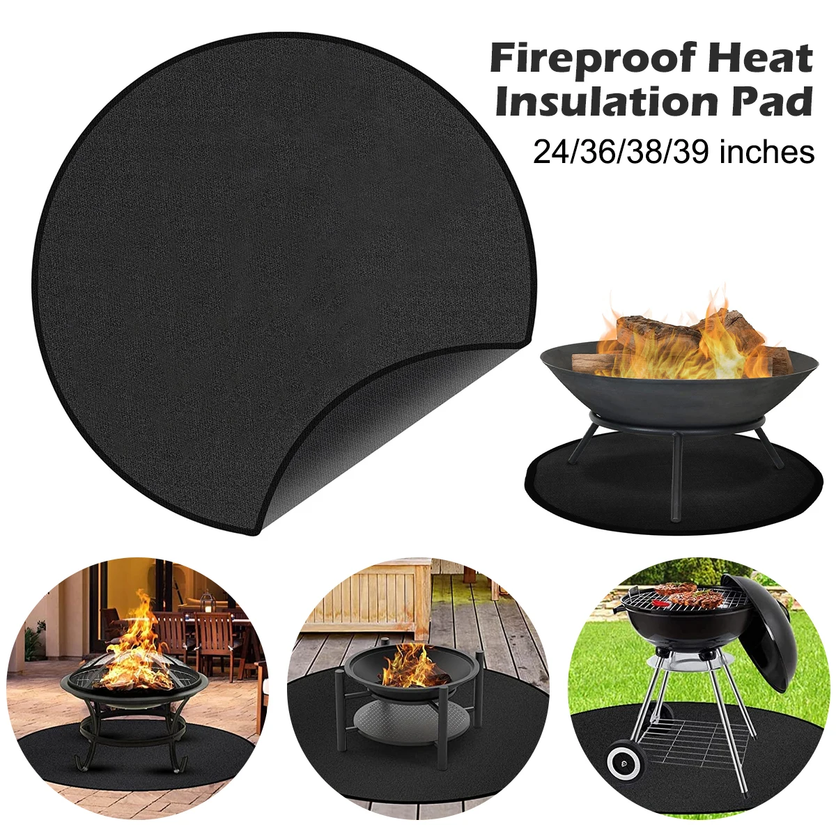 

36 inches Fireproof Fire Pit Mat Fireplace Brazier Fiberglass Silicone Oven Pad Outdoor Terrace Barbecue BBQ Blanket