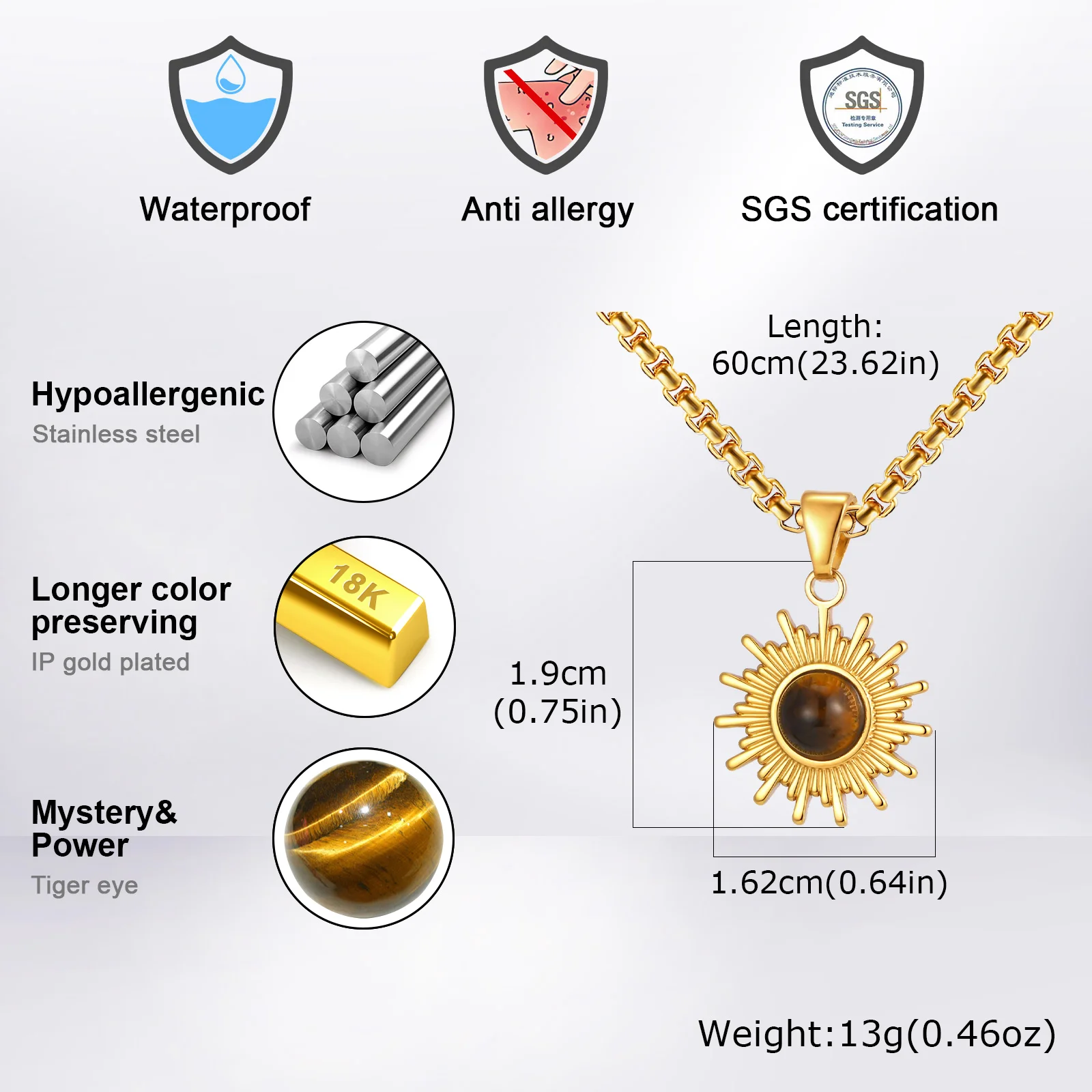 أزياء الشمس عين النمر الطبيعة حجر قلادة قلادة للرجال، فضية اللون الفولاذ المقاوم للصدأ قلادة، فاسق مجوهرات شخصية #5