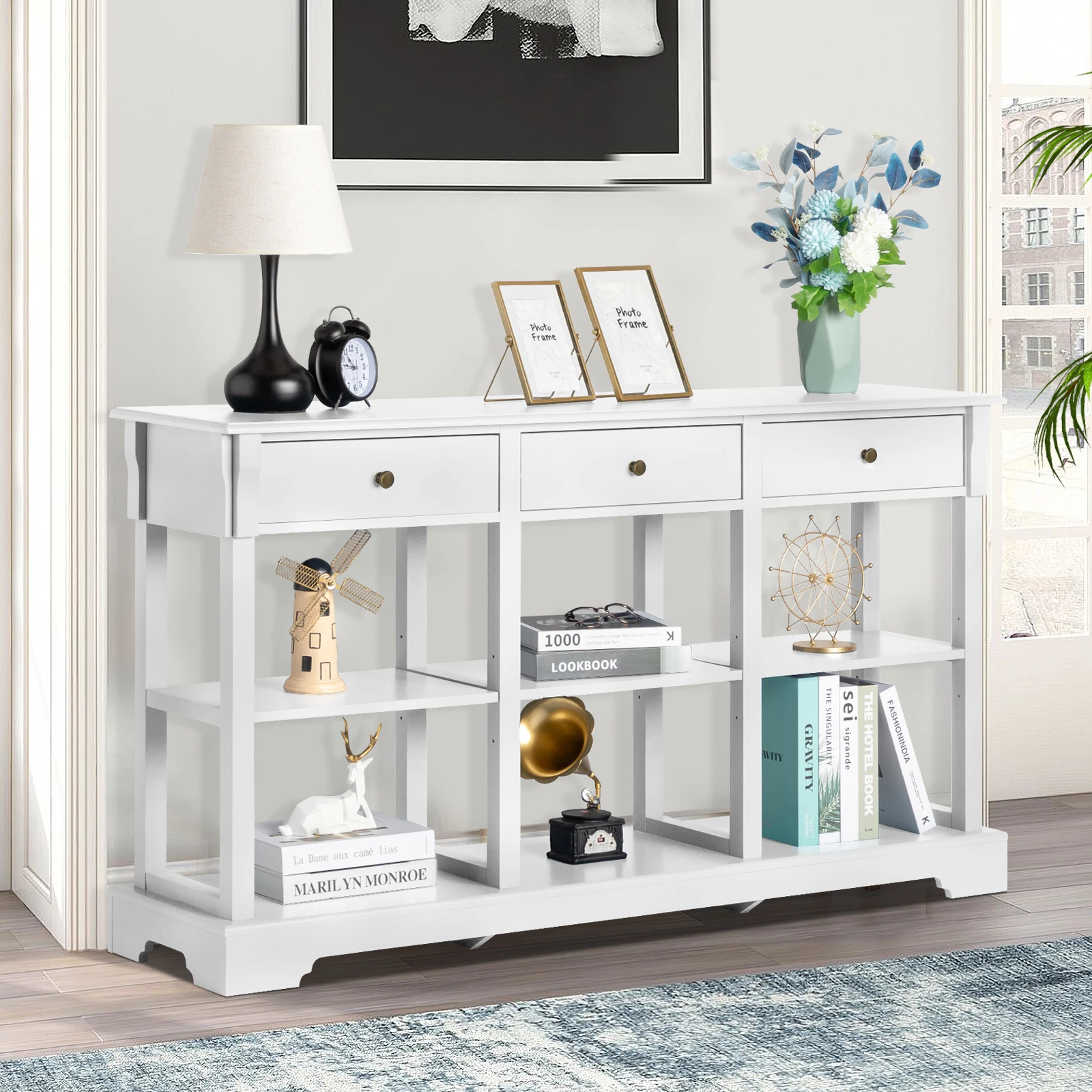 Console Sofa Table with Ample Storage, Retro Kitchen Buffet Cabinet Sideboard with Open Shelves and 3 Drawers, Accent Storage Ca