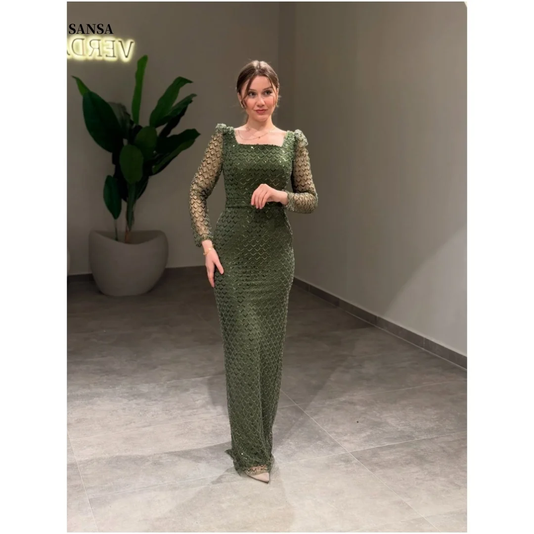 

Sansa Customized Sequins Beaded Prom Dresses Square Collar فساتين للمناسبات الخاصة Long Sleeves vestidos de