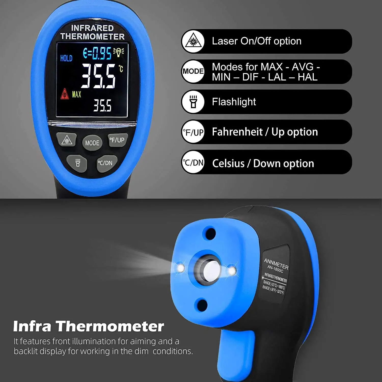 HP-1800C Digital Infrared Thermometer, D:S 50:1 Touchless Pyrometer Temperature Range -58~3,272°F, Handheld Laser IR Temp Gun