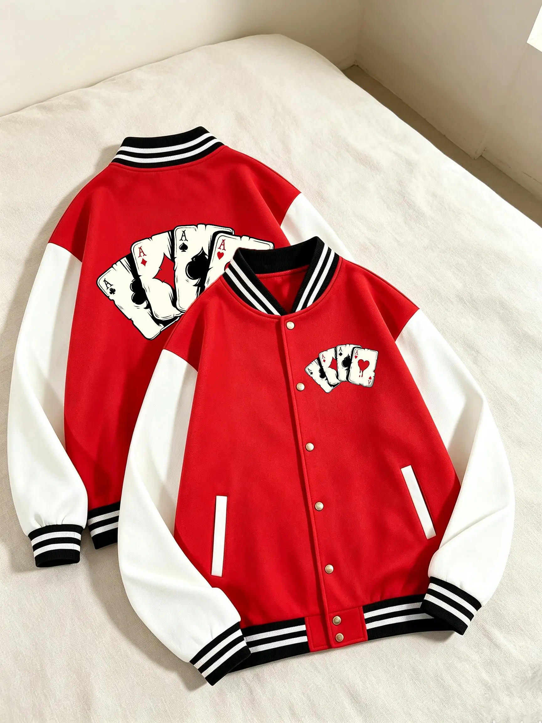 Four Aces Playing Cards Vintage Print Men'S American Jackets Casual Baseball Uniform Autumn Colorful Jacket Cotton Loose Clothes