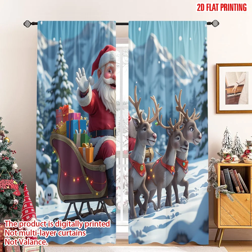 

2pcs 2D flat printing Merry Christmas Popular Curtain Santa Claus Sleigh Gift Delivery 100% Polyester Fabric Without Electricity