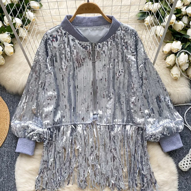 EWQ Fashion Sequin Tassel Spliced Płaszcz damski Wszechstronny luźny kołnierz stojący Długi rękaw Krótki zamek błyskawiczny Odzież 2024 Nowość