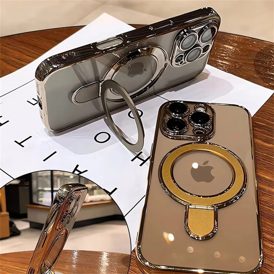 Funda magnética de lujo con soporte para Magsafe para iPhone 16 17 15 14 13 12 11 Pro Max 16 Plus, anillo magnético y acrílico transparente 5