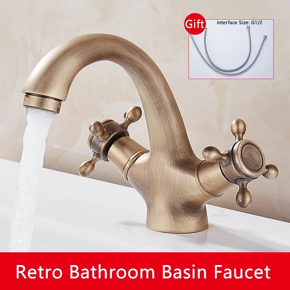 

Retro Double Handle Sink Faucet Washbasin Taps Deck Mounted Water Tap Brass Vintage Gold Bathroom Basin Faucet Home Accessories