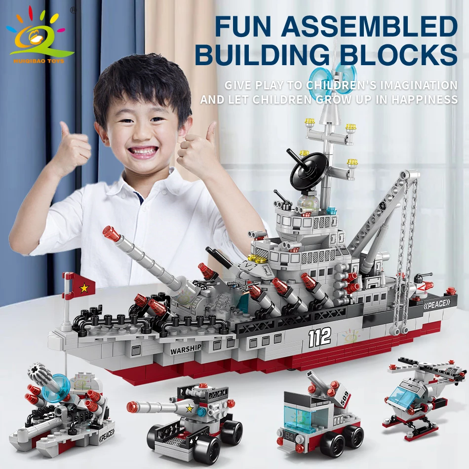 

HUIQIBAO Military Warship 561pcs 8in1 Aircraft Cruiser Building Blocks Army Ship Helicopter Plane Bricks City Children Toys Boy