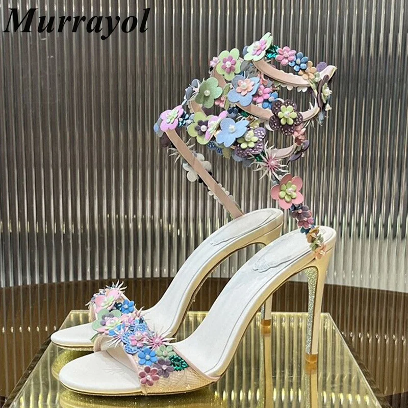 

Rhinestone Flower Decor Sandalias Women Snake Shaped Entanglement Elastic Strap Thin High Heels Sandals Summer Dress Shoes Pumps