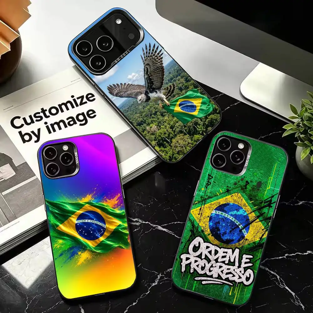 B-Brazil Brazilian Flag Fashion Silver Protective Phone Case, Compatible with iPhone 11,12,13,14,15,16,17,Plus,Pro,Mini,Max