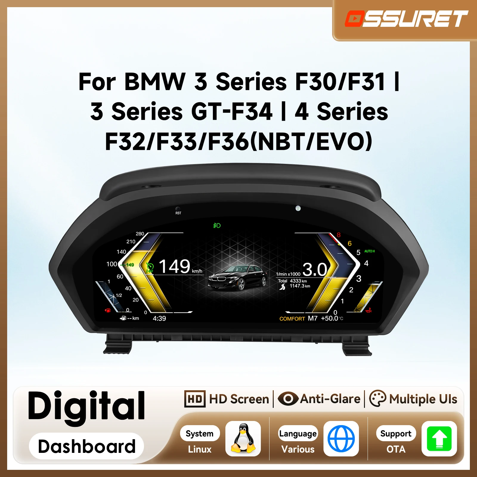 Quadro strumenti digitale per auto da 12,3 pollici per BMW Serie 3 4 F30 F31 GT-F34 F32 F33 F36, pannello LCD cruscotto, cruscotto virtuale, supporto HUD